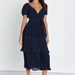 Lulus Decadent Dreams Navy Blue Plisse Tiered Maxi Dress
